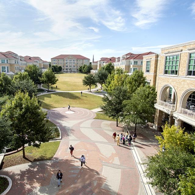 A panoramic view of the TCU Campus Commons as seen from the University Union balcony