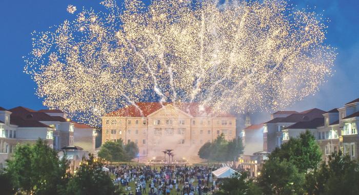 Fireworks display over the TCU Campus Commons