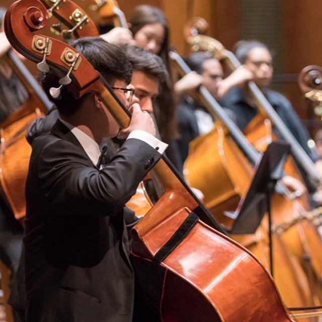 Cellist performing with orchestra